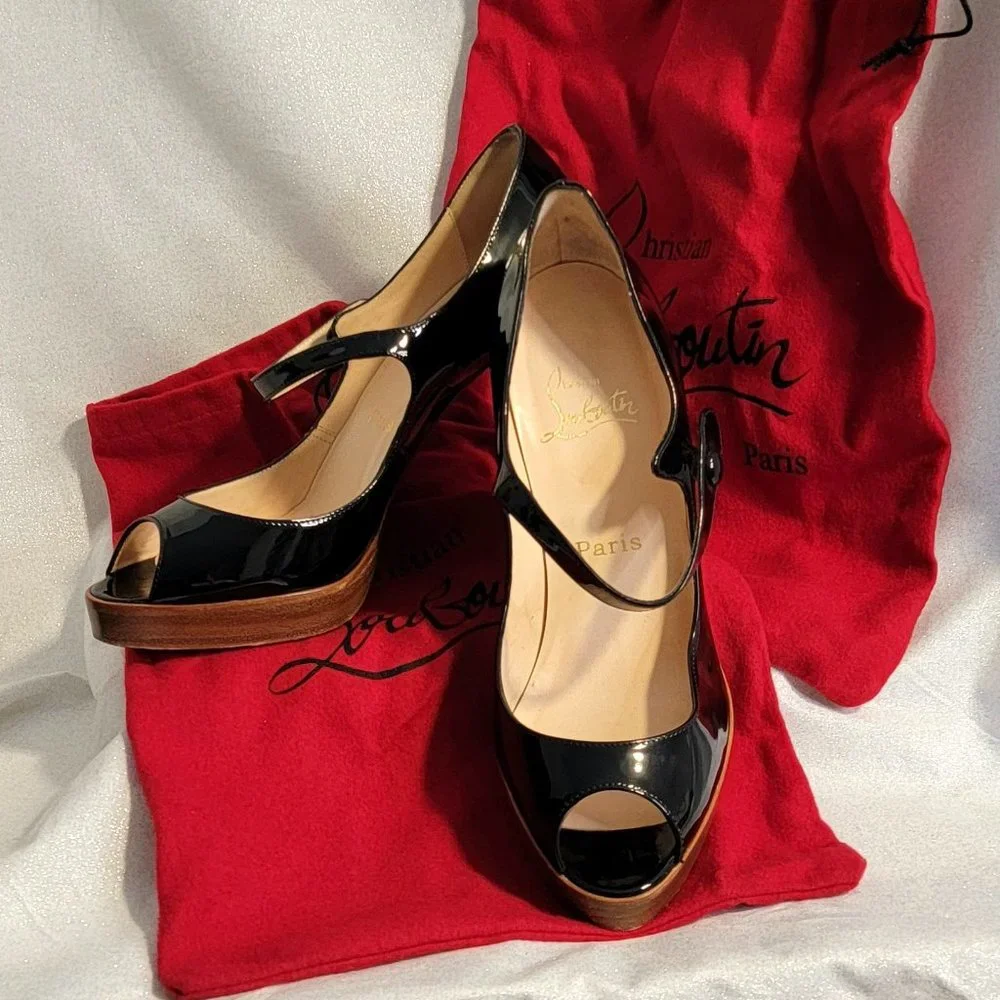 CHRISTIAN LOUBOUTIN Black Patent Leather Zeppa Mary Jane Peep Toe Pumps 39 - Picture 2 of 13